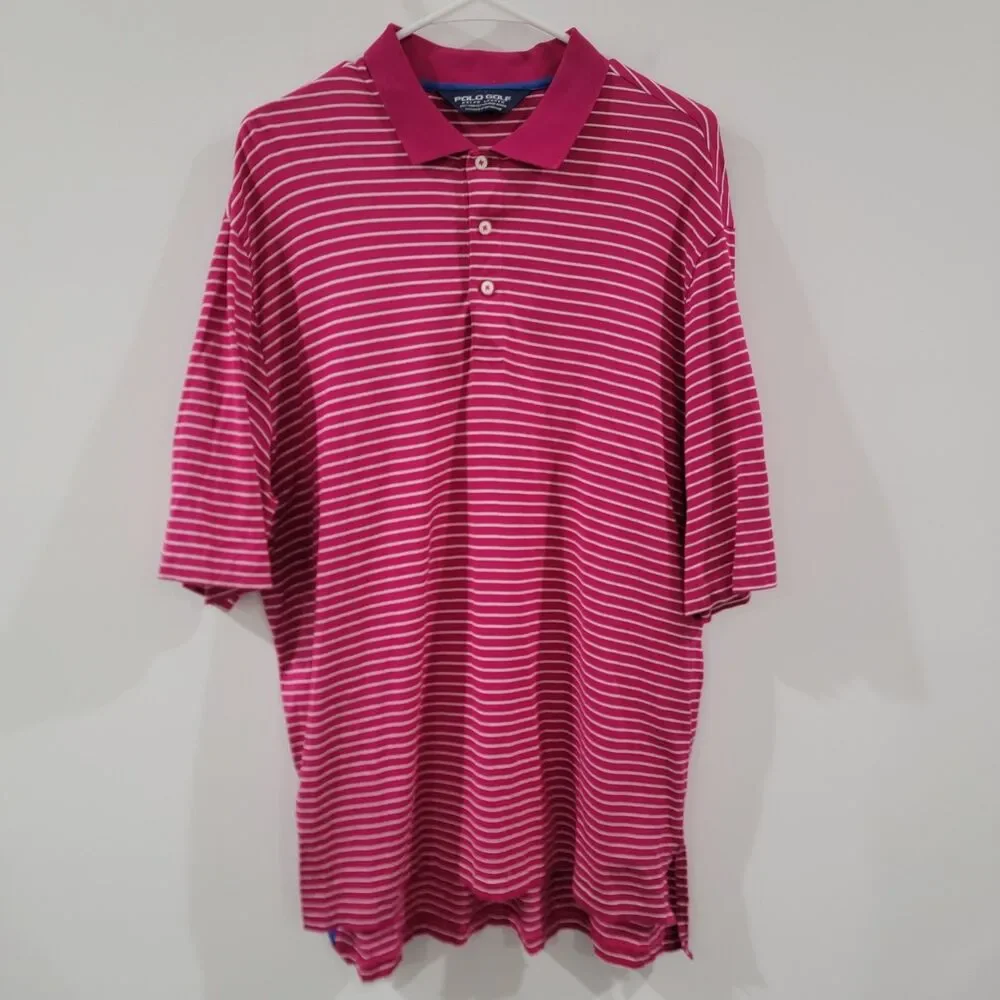 Vintage Polo Golf Ralph Lauren Shirt Size Large‎ Striped Pink White Preppy Pima